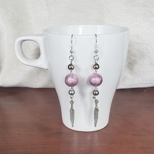 Feather Silver Earrings with Pink & Silver Beading